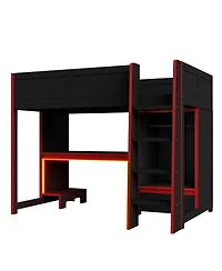 Streamdale Furniture Black Twin Gaming Loft Bed w/ Desk, Wardrobe & Led