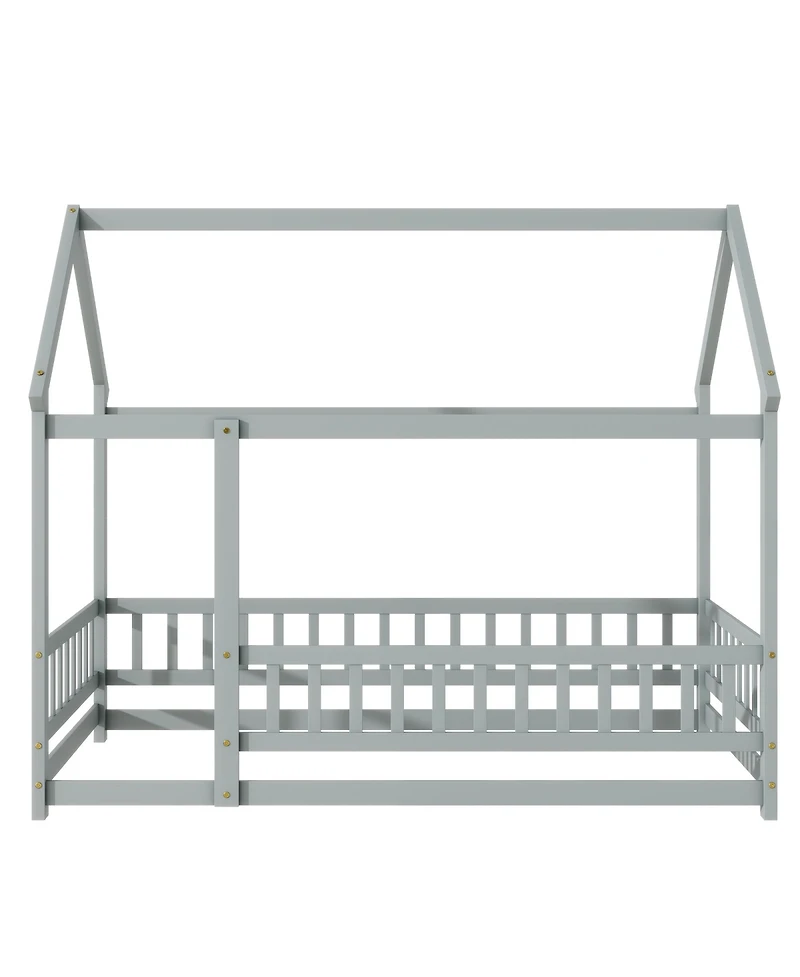 Streamdale Twin Size House Floor Wooden Bed with Roof Frame, Safety Guardrails, Grey