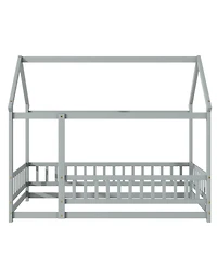Streamdale Twin Size House Floor Wooden Bed with Roof Frame, Safety Guardrails, Grey