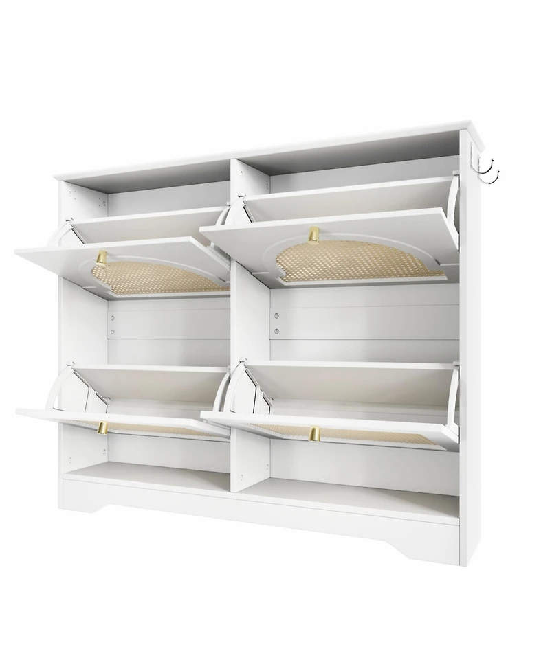 Streamdale Furniture Streamdale Mid-Century Narrow Shoe Cabinet - 4 Flip Drawers, Rattan Doors, Hooks