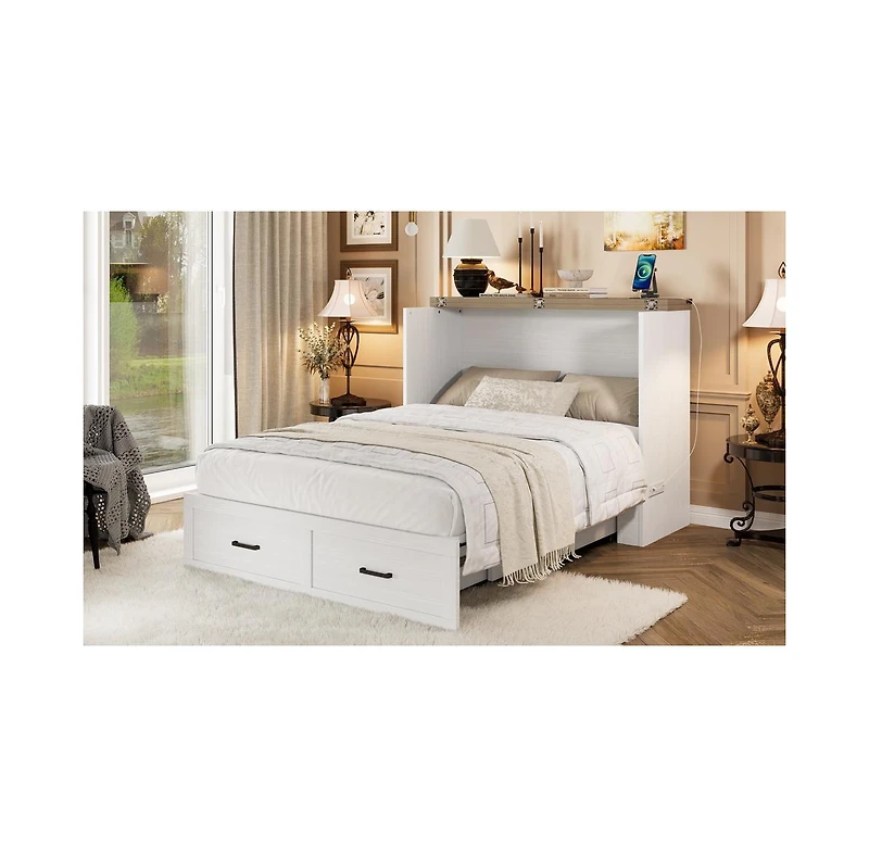 Streamdale Furniture Murphy Bed Cabinet Full Size with Charging Station & Drawer