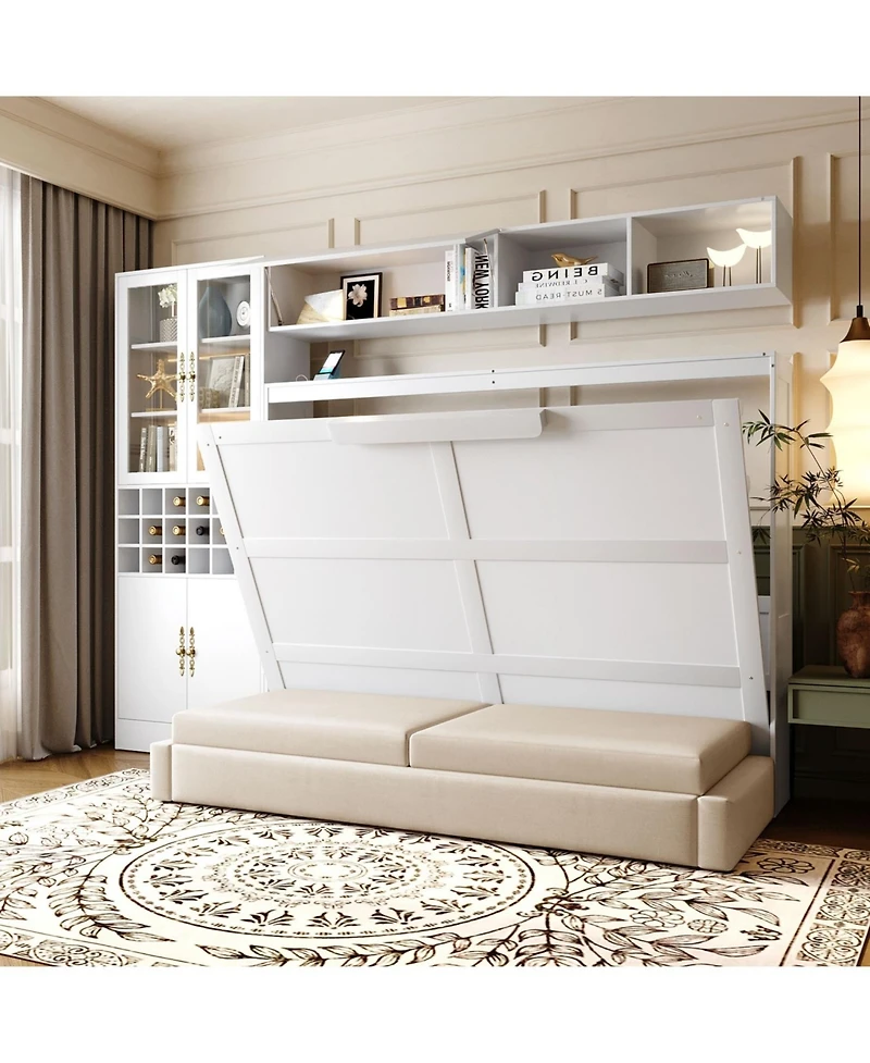 Streamdale Furniture Full Size Murphy Bed Wall Bed with Sofa, Shelves Usb & Light