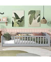 Streamdale Furniture Twin Floor Bed with Fence, Rubber Wood, Grey