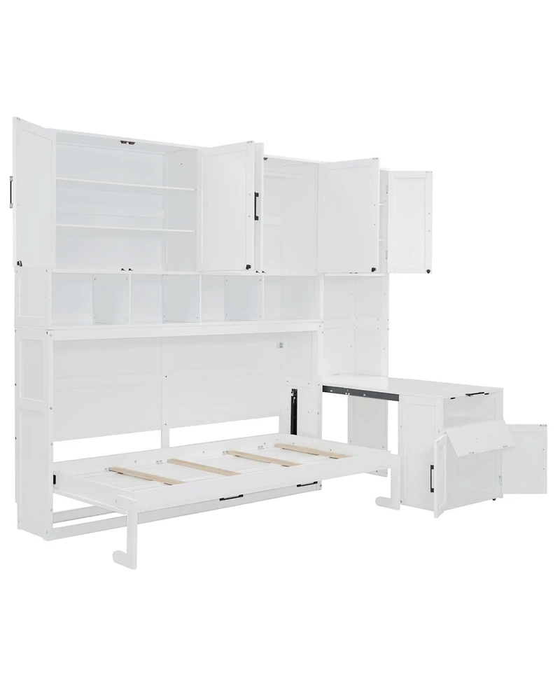 Streamdale Furniture Twin Size Murphy Bed Wall Bed with Closet , Drawers & Desk-White