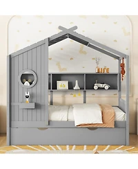 Streamdale Furniture Wooden Twin House Bed with Trundle & Shelf - Gray