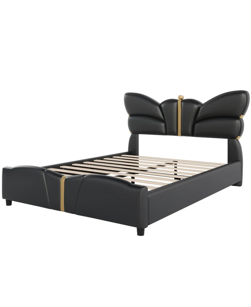 Streamdale Furniture Queen Upholstered Bed Frame, Butterfly Headboard, Gold Accents