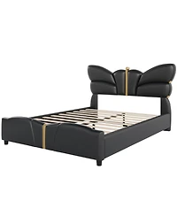 Streamdale Furniture Queen Upholstered Bed Frame, Butterfly Headboard, Gold Accents