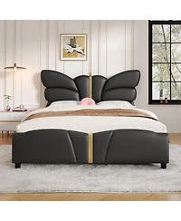 Streamdale Furniture Queen Upholstered Bed Frame, Butterfly Headboard, Gold Accents