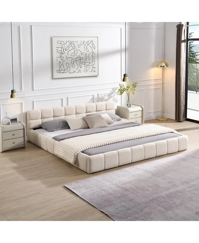 Streamdale Furniture Elegant Beige Chenille Upholstered Bed with Checkerboard Design, King, Beige