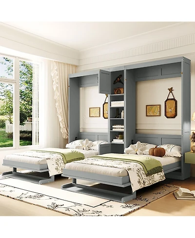 Streamdale Furniture Dual Twin size Wall Murphy Beds with Cabinets and Shelves
