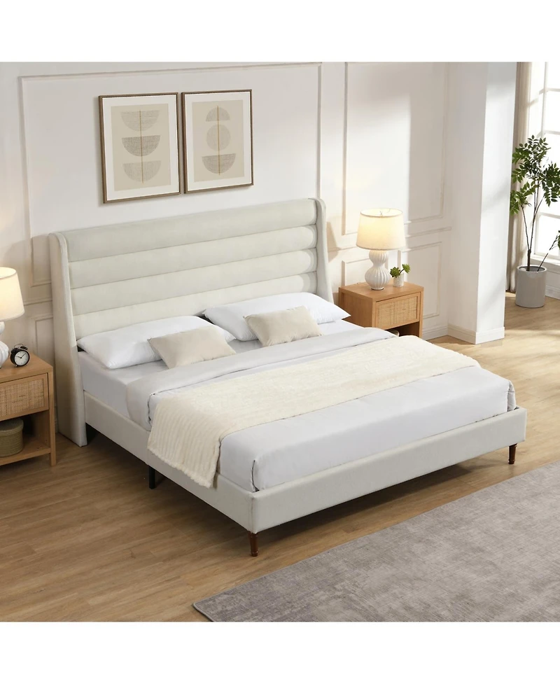 Streamdale Furniture King Upholstered Platform Bed with Wave Headboard, Chenille Fabric