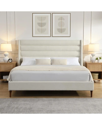 Streamdale Furniture King Upholstered Platform Bed with Wave Headboard, Chenille Fabric