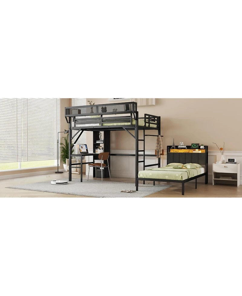 Streamdale Furniture Full/Twin Metal Bunk Bed w/ Desk, Shelves, Led & Charge