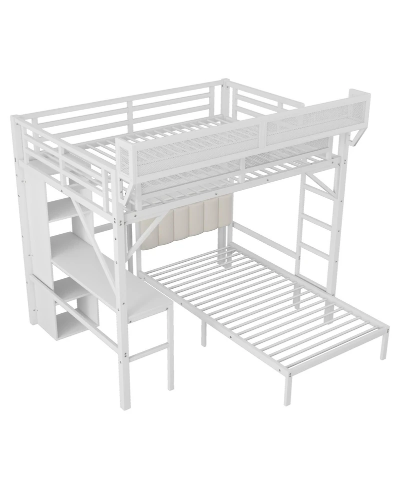 Streamdale Furniture Full/Twin Metal Bunk Bed w/ Desk, Bookshelves, Led, Charge - White