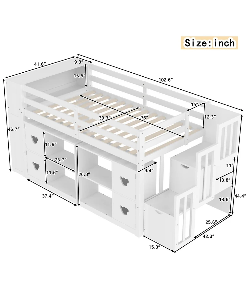 Streamdale Furniture Kids' Pine Loft Bed with Storage, Stairs & Led Lights