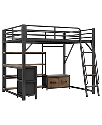 Streamdale Queen Size Loft Bed with Desk, Led, Shelves, Wardrobe & Drawers