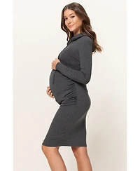 Hello Miz Women's Long Sleeve Side Ruched Maternity Hoodie Dress