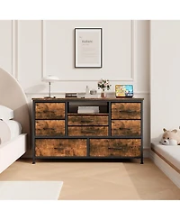 gaomon 8-Drawer Dresser Tv Stand with Led Lights & Charging Station, 55" Entertainment Center Storage, Rustic Brown