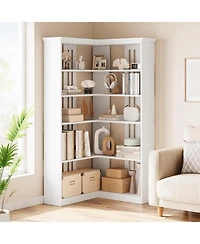 gaomon 5-Tier Farmhouse Corner Bookshelf, 72.8" L Shaped Wood Display Rack, White Half Panel, Living Room, Office