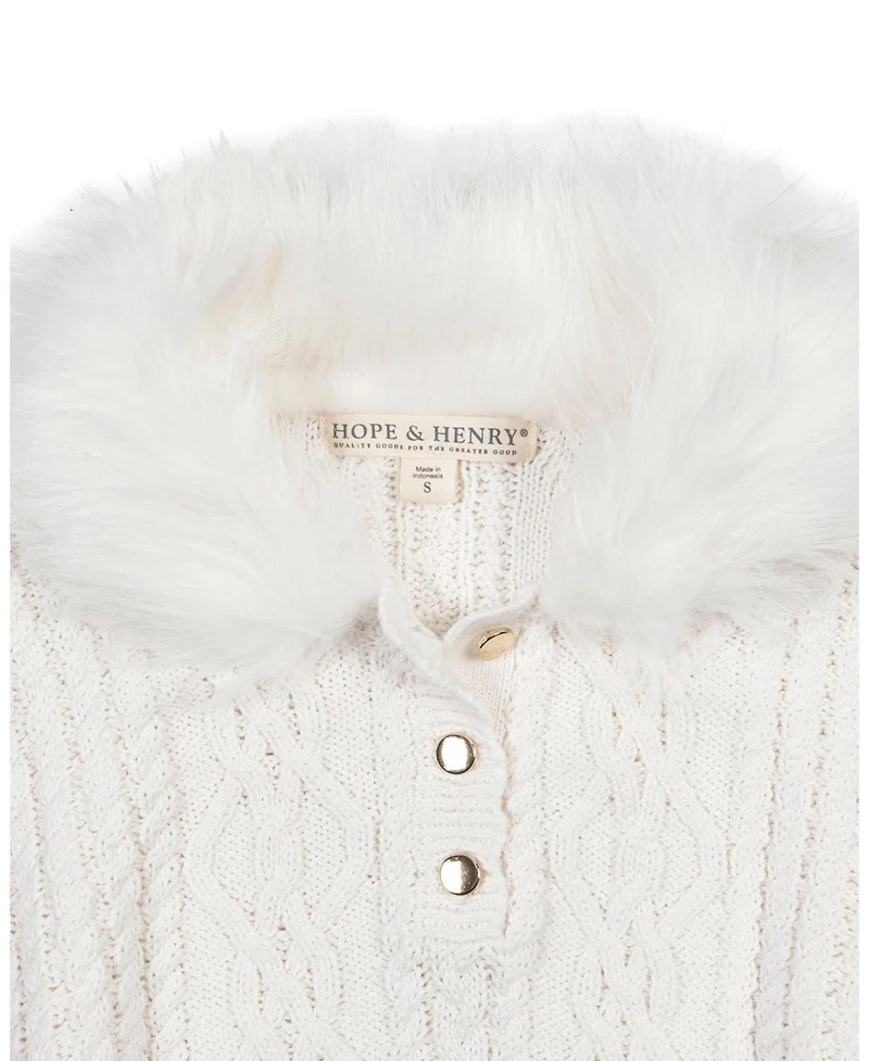 Hope & Henry Girls Organic Cable Sweater Cape with Faux Fur