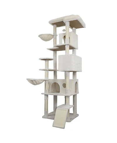 Aostirmotor 84" Beige Cat Tree Tower with Large Condo, Sisal Scratching Post & Hammock