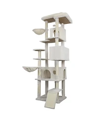 Aostirmotor 84" Beige Cat Tree Tower with Large Condo, Sisal Scratching Post & Hammock