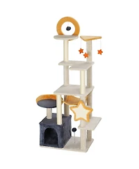 Aostirmotor 63" Moon & Star Themed Cat Tree with Condo, Scratching Posts & Cat Bed