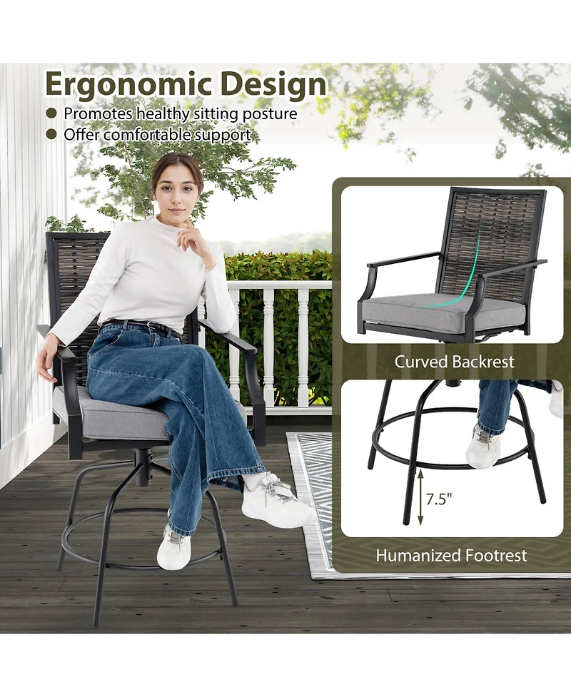 Costway Outdoor Pe Wicker Swivel Bar Stools with Back Armrests Cushion