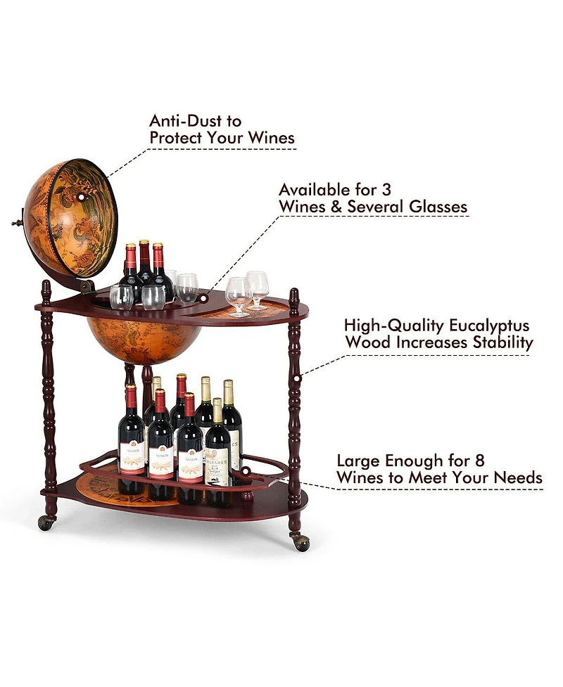 Costway Wood Globe Wine Bar Stand 34'' H 16th Century Italian Rack Liquor Bottle Shelf