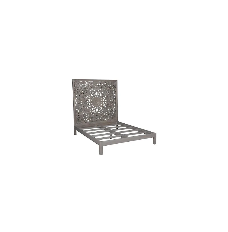 Porter Designs Mandala Hand Carved Motif Queen Bed, Gray