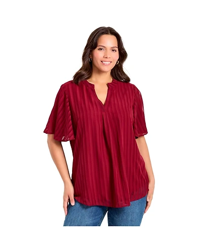 Avenue Women's Plus Split Neck Flutter Sleeve Blouse
