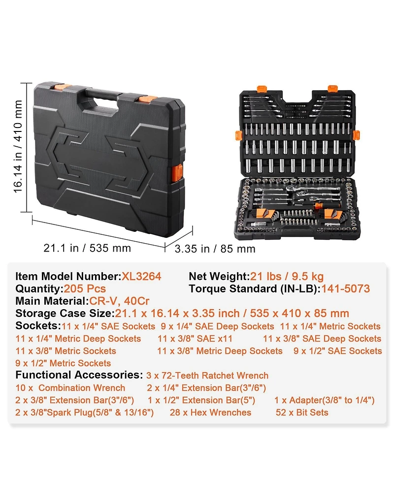Sugfit 205-Piece Mechanics Tool Set with 1/4"-1/2" Drive Sockets & Wrenches