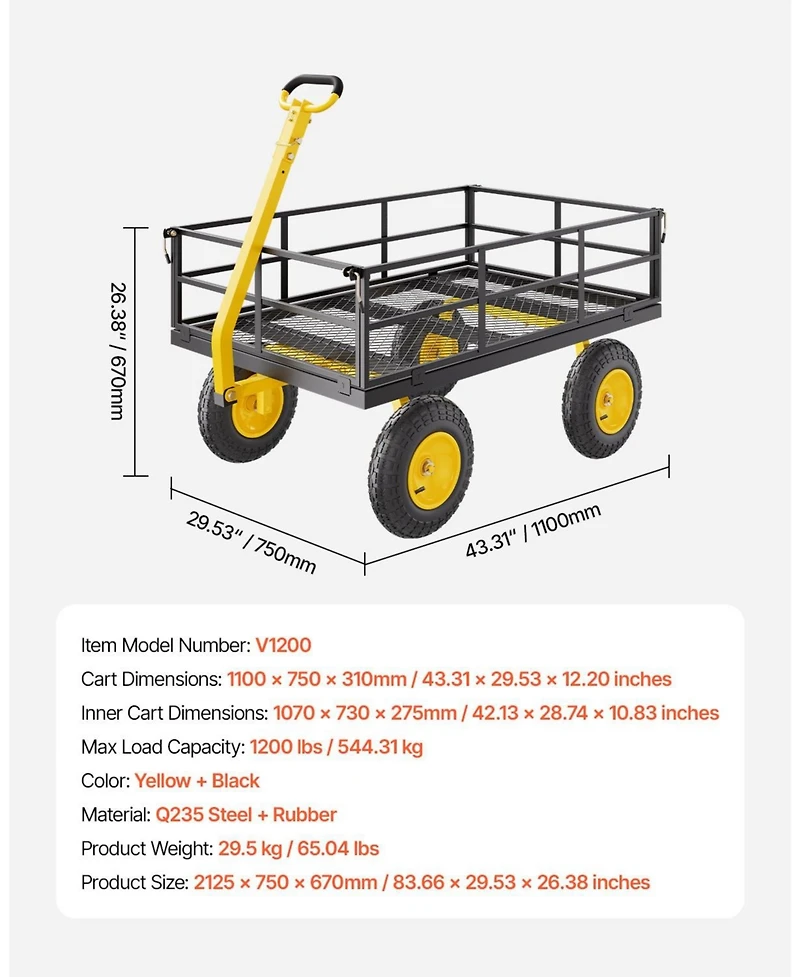 Sugift 1200 lb Heavy-Duty Steel Garden Cart with 13" All-Terrain Tires & Convertible Mesh Sides