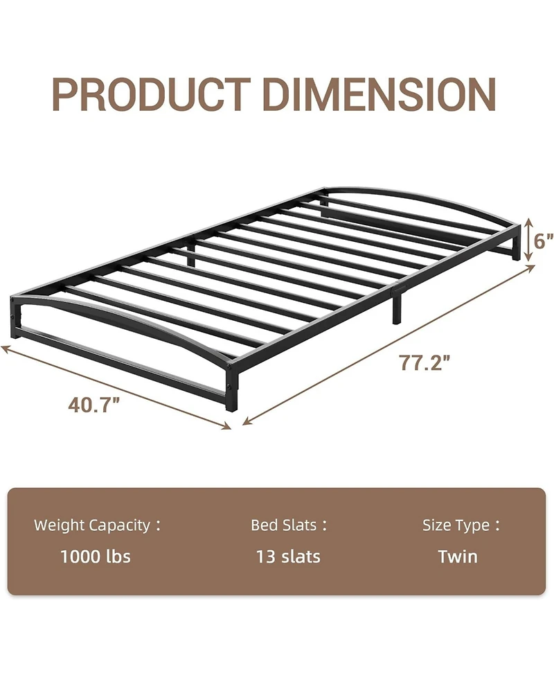Twin Size 6 Inch Metal Platform Bed Frame Heavy Duty Slats Underbed Storage Noise-Free Non-Slip Black