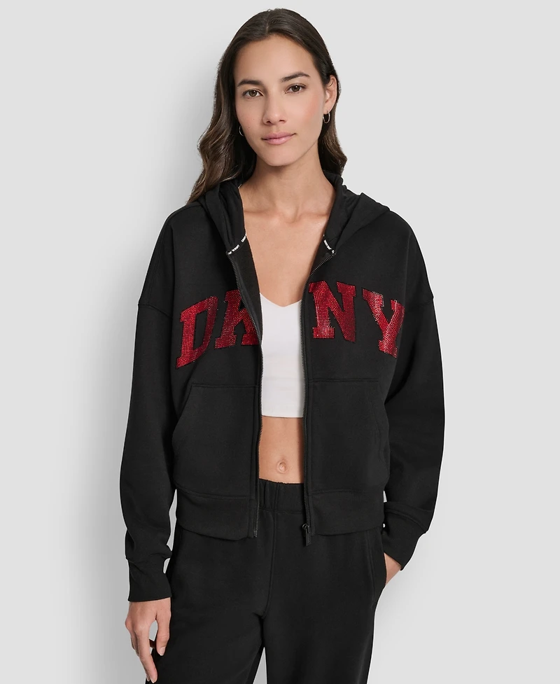 Dkny Women's Exploded Rhinestone Varsity Logo Full-Zip Hoodie