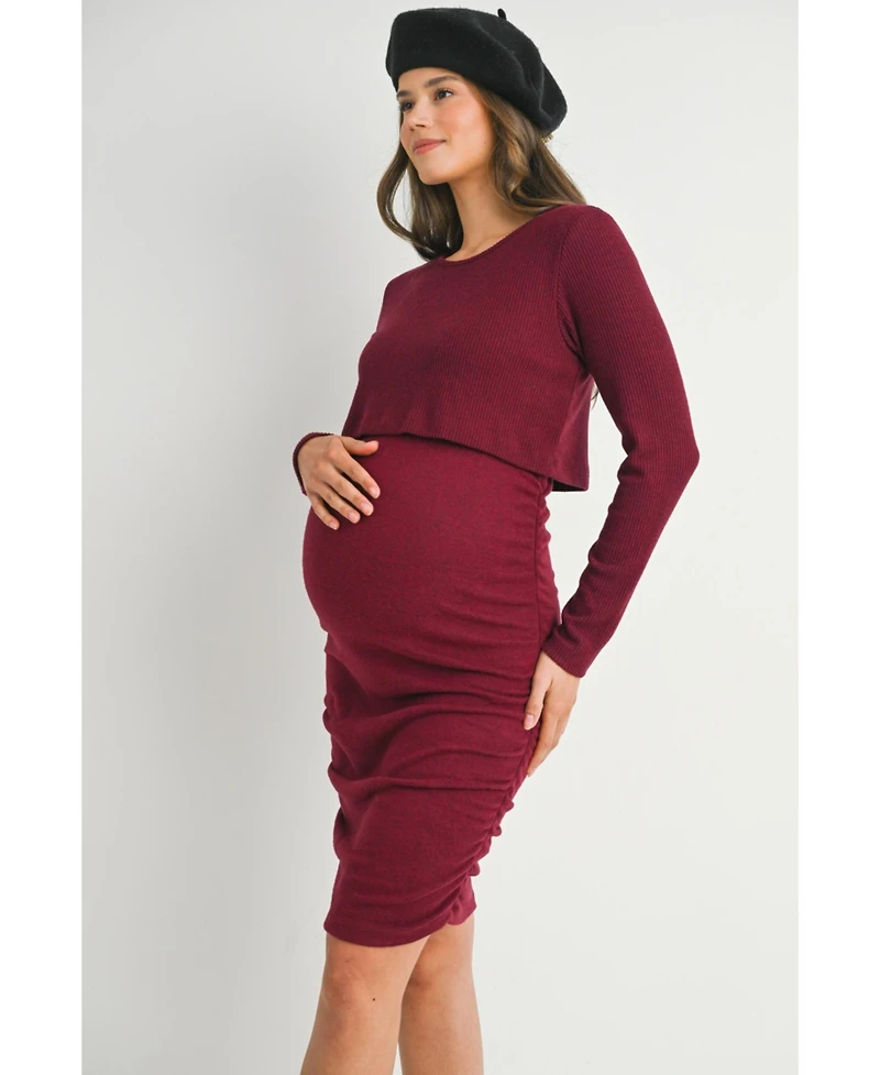 Hello Miz Maternity Long Sleeve Ribbed Side Ruched Nursing Dress