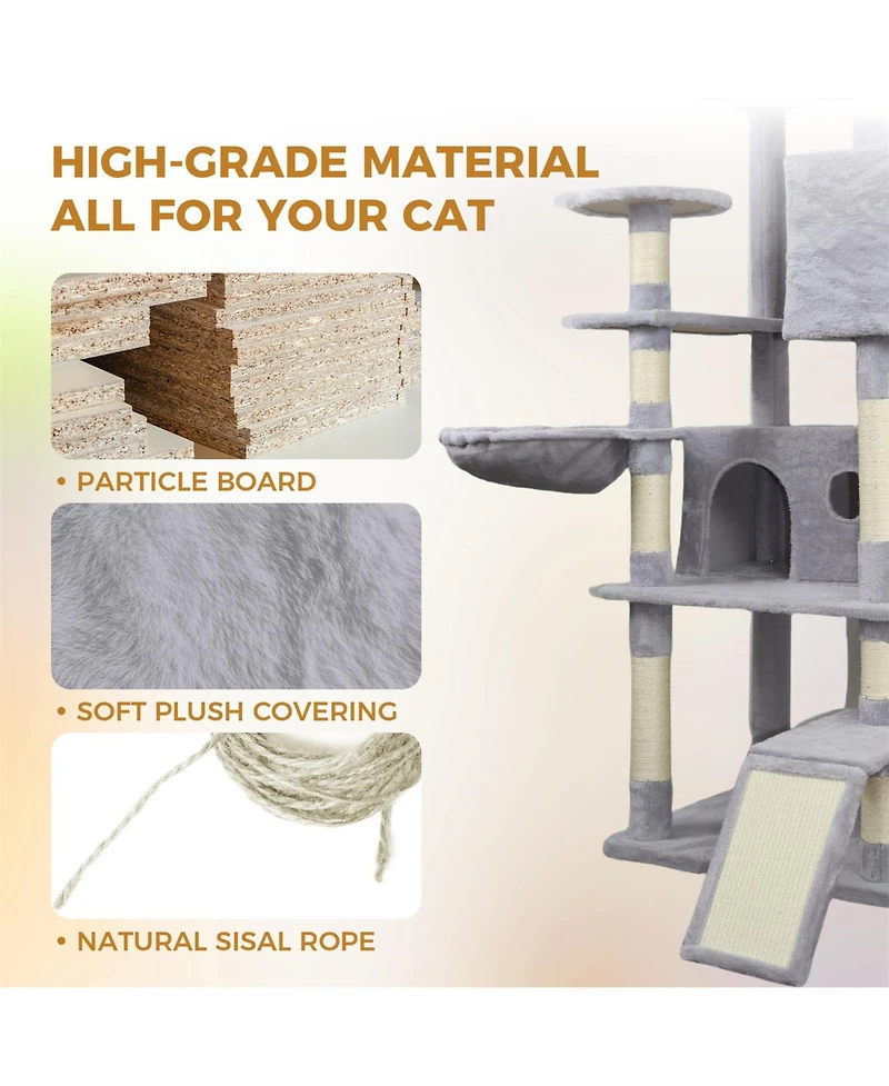 Aostirmotor 84.6'' Cat Tree with Wide Base, 3 Large Hinding Condo in Light Gray