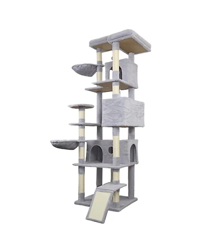 Aostirmotor 84.6'' Cat Tree with Wide Base, 3 Large Hinding Condo in Light Gray