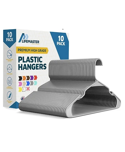 Lifemaster Heavy-Duty Plastic Hangers, Non-Slip Grooves, Space-Saving Design, Holds Up to 5 lbs – Ideal for Clothes, Dresses & Coats, Pack of 10