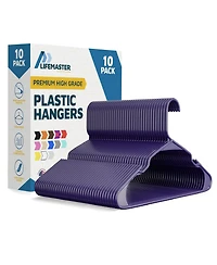 Lifemaster heavy-duty plastic hangers with non-slip grooves, space-saving design, and 5 lb capacity ideal for clothes $ dresses. Pack of 10, purple.
