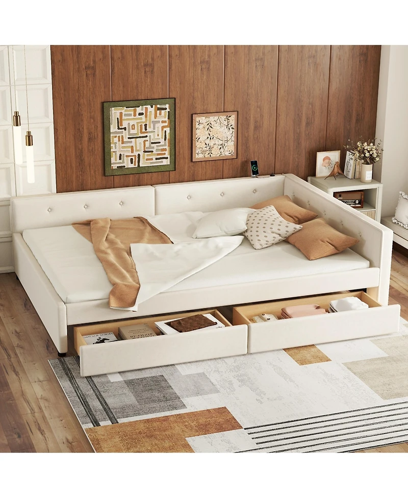 Lovmor Full Size Upholstered Platform Bed with Usb and 2 Drawers Beige