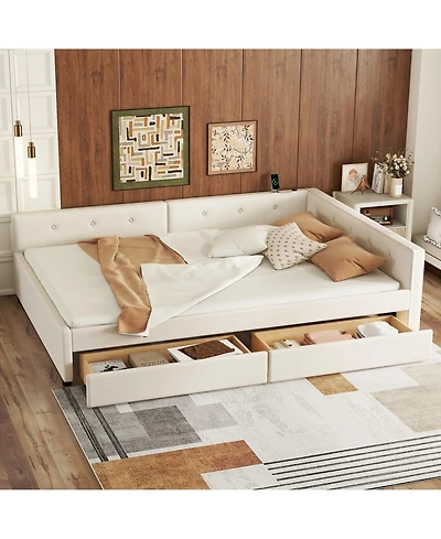 Lovmor Full Size Upholstered Platform Bed with Usb and 2 Drawers Beige