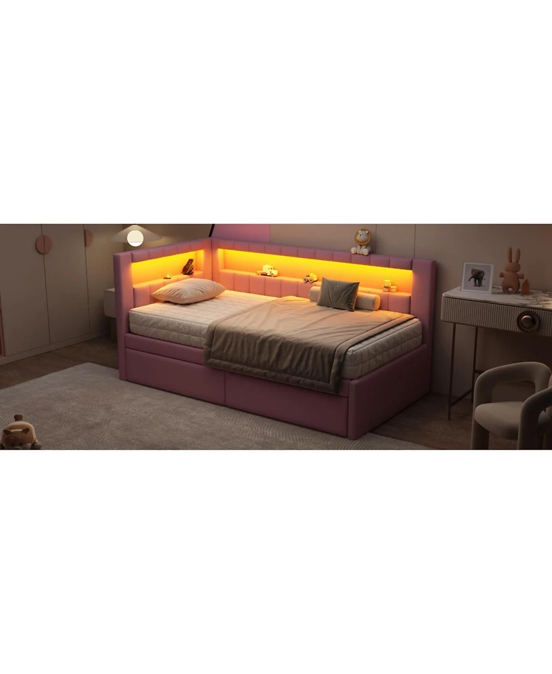 Lovmor Upholstered Twin Size Platform Bed with Usb Ports and Led Belt With 2 Drawers