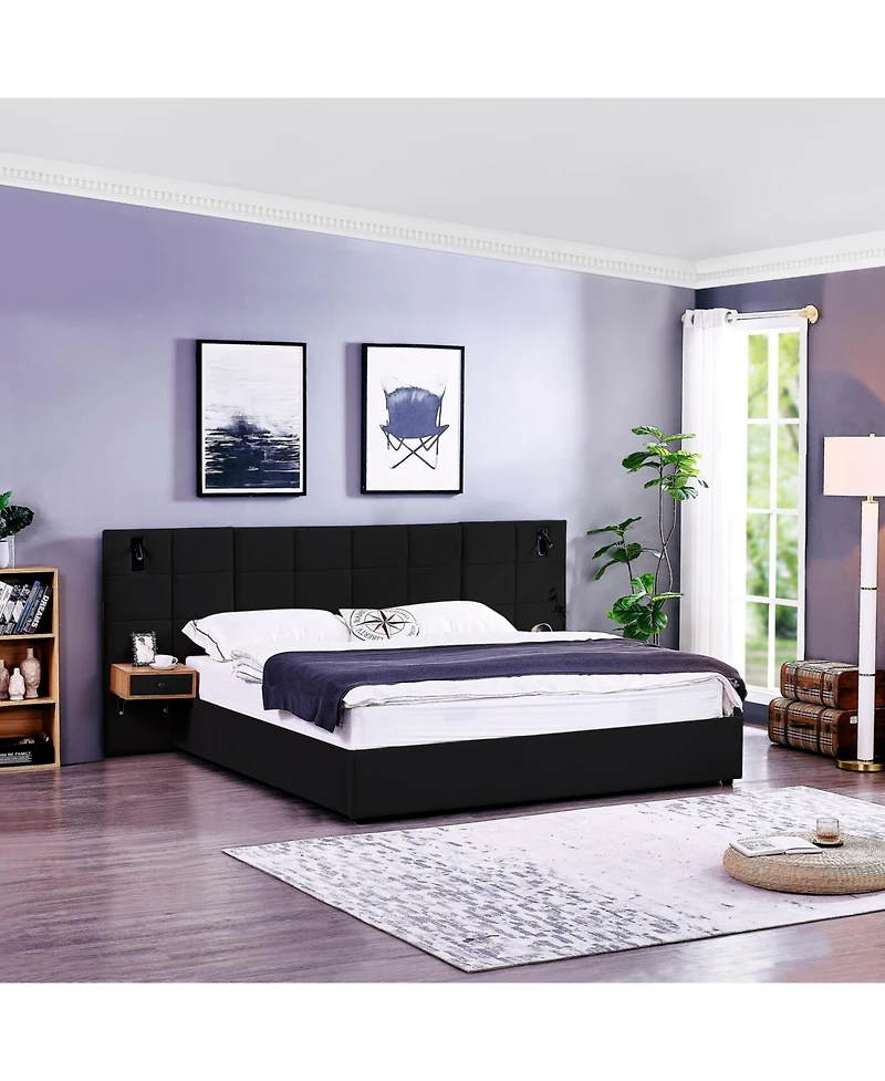 Lovmor King Size Storage Velvet Upholstered Hydraulic Platform Bed with 2 Shelves 2 Reading Lamps and Usb Port