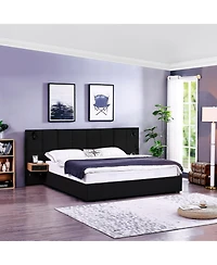 Lovmor King Size Storage Velvet Upholstered Hydraulic Platform Bed with 2 Shelves 2 Reading Lamps and Usb Port