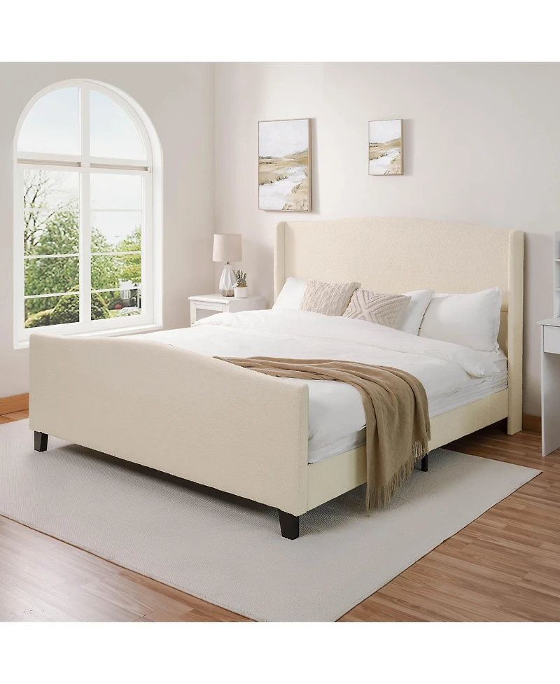 Lovmor King Size Bed Frame Teddy Velvet 12 Slat Support Solid Wood Feet No Box Spring Needed white