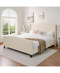 Lovmor King Size Bed Frame Teddy Velvet 12 Slat Support Solid Wood Feet No Box Spring Needed white