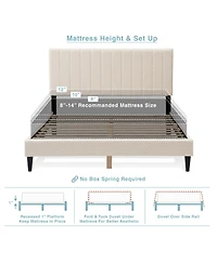 Lovmor Upholstered Queen Platform Bed Frame Tufted Channel Headboard Mid-Century Bedroom Furniture No Box Spring Required