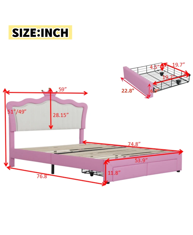 Lovmor Full Size Upholstered Bed Frame with Led Lights Modern Upholstered Princess Bed with Crown Headboard 2 Drawers Pink+White