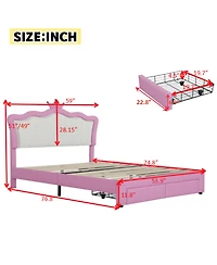 Lovmor Full Size Upholstered Bed Frame with Led Lights Modern Upholstered Princess Bed with Crown Headboard 2 Drawers Pink+White
